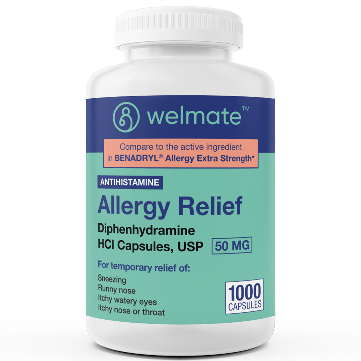 WELMATE Allergy Relief Diphenhydramine 50 mg 1000 Count Capsules