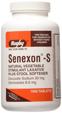 RUGBY Laxatives - Docusate Sodium 50mg & Sennosides 8.6mg, 1000 Tablets (Generic Senokot-S)