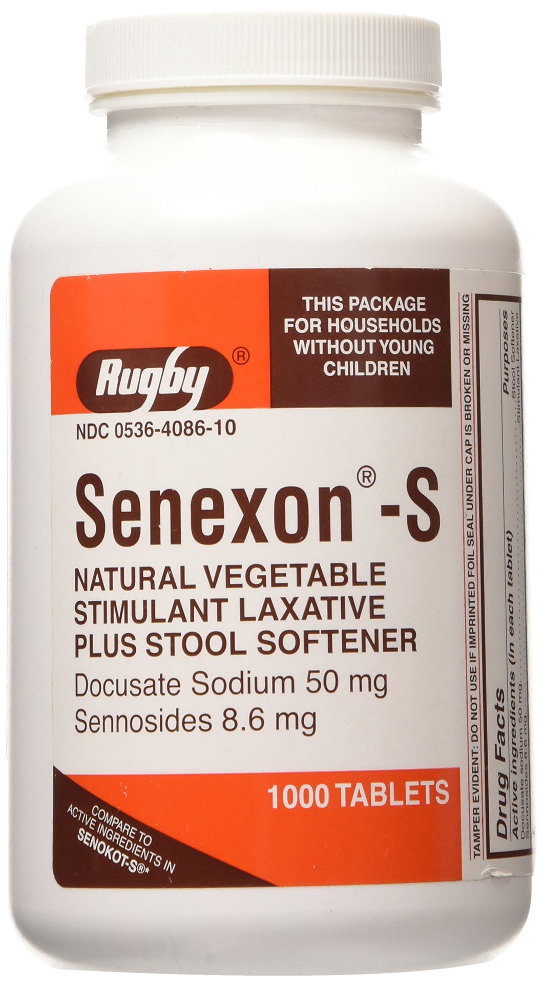 Rugby Senexon-S Generic for Senokot-S Vegetable Laxative Tablets Bottle of 1000 (Docusate sodium 50 mg, Sennosides 8.6 mg)