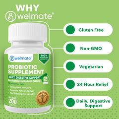 WELMATE Dietary Supplement - Saccharomyces Boulardii 500mg, 200 Capsules (Generic Florastor)