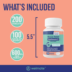 WELMATE Cough & Cold - Guaifenesin 600mg, 70 Tablets (Generic Mucinex)
