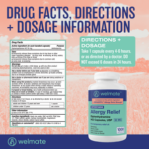 WELMATE Allergy Relief & Sleep Aid - Diphenhydramine 50mg, 1000 Capsules (Generic Benadryl)