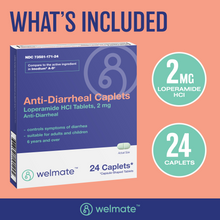 WELMATE Diarrhea Relief, Loperamide  2mg - 24 Caplets (Generic Imodium)