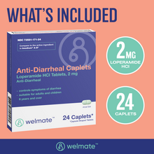 WELMATE Diarrhea Relief - Loperamide 2mg, 24 Caplets (Generic Imodium)