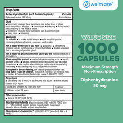 WELMATE Allergy Relief & Sleep Aid - Diphenhydramine 50mg, 1000 Capsules (Generic Benadryl)
