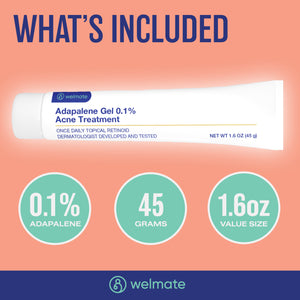 WELMATE Adapalene Gel 0.1% - Acne Treatment - Skin Care - Oil & Fragrance Free - Dermatologist Tested & FDA Approved - 1.6oz / 45g