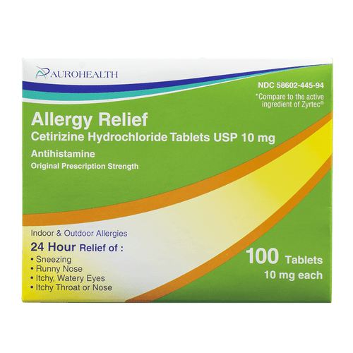 AUROHEALTH Allergy Relief - Cetirizine 10 mg, 100 Tablets (Generic Zyrtec)