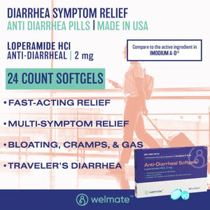 WELMATE Diarrhea Relief, Loperamide  2mg  - 24 Softgels (Generic Imodium)