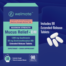 WELMATE Cough & Cold - Maximum Strength Mucus DM, 98 Tablets (Generic Mucinex DM)