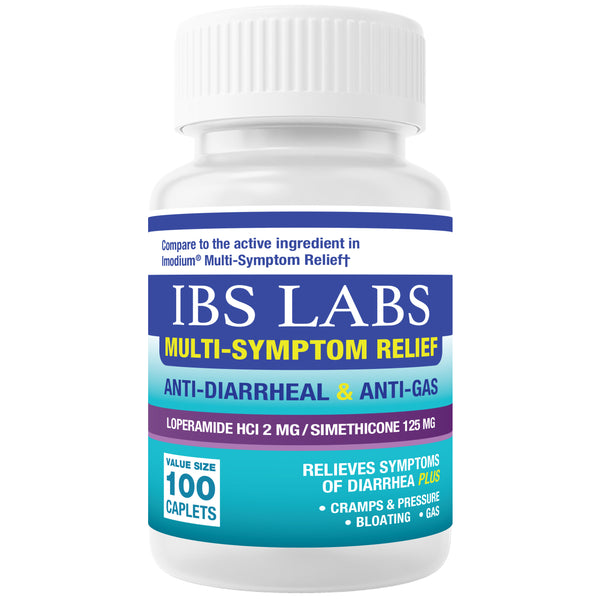 IBS Labs Anti-Diarrheal & Anti-Gas - Loperamide 2mg & Simethicone 125mg, 100 Caplets (Generic Immodium Multi Symptom Relief)