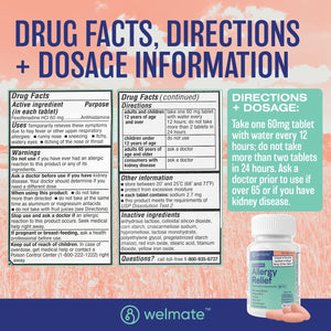 WELMATE Allergy Relief, Fexofenadine  60mg - 100 Tablets (Generic Allegra)