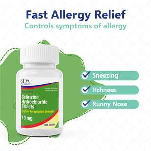 SDA LABS Allergy Relief - Cetirizine 10mg, 500 Tablets (Generic Zyrtec)