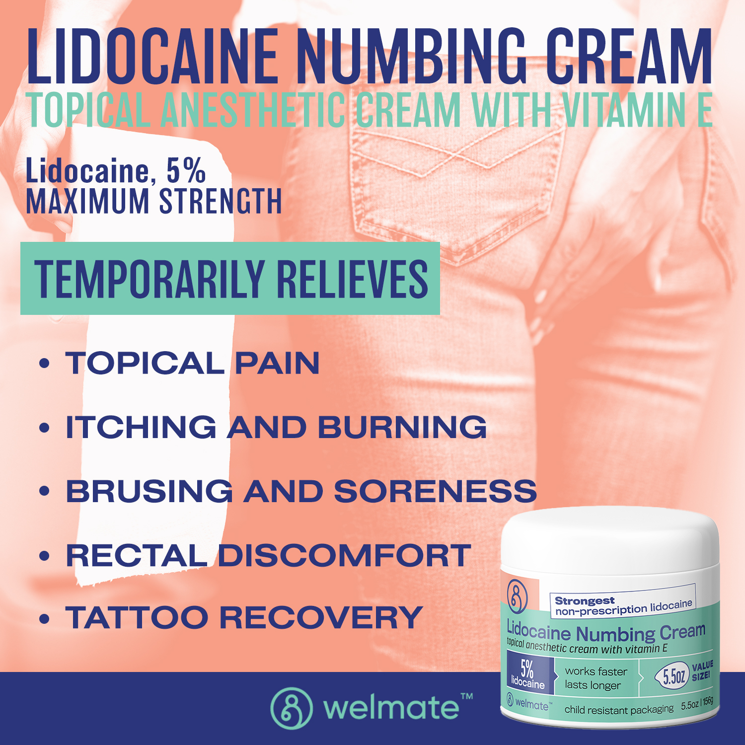 WELMATE Pain Relief - 5% Lidocaine Cream, 5.5oz – Wellspring Meds
