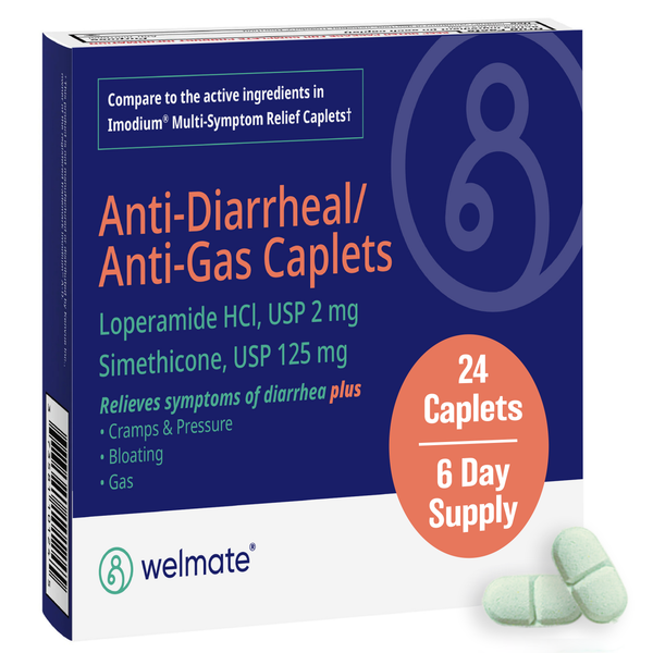 WELMATE Anti-Diarrheal & Anti-Gas - Loperamide 2mg & Simethicone 125mg, 24 Caplets (Generic Immodium Multi Symptom Relief).