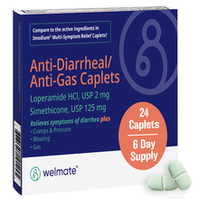 WELMATE Anti-Diarrheal & Anti-Gas - Loperamide 2mg & Simethicone 125mg, 24 Caplets (Generic Immodium Multi Symptom Relief).