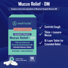 WELMATE Cough & Cold - Maximum Strength Mucus DM, 98 Tablets (Generic Mucinex DM)
