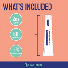 WELMATE 5% Lidocaine Numbing Cream Maximum Strength, Topical Anesthetic, Aches, Back Pain, Itching, Soreness, Burning, & Bruises, Unscented, Child Resistant Packaging 2 Oz (60 g)