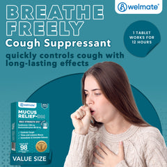 WELMATE Cough & Cold - Maximum Strength Mucus DM, 98 Tablets (Generic Mucinex DM)