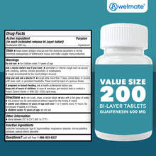 WELMATE Cough & Cold - Guaifenesin 600mg, 200 Tablets (Generic Mucinex)