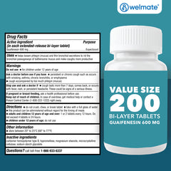 WELMATE Cough & Cold - Guaifenesin 600mg, 200 Tablets (Generic Mucinex)