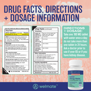 WELMATE Allergy Relief, Fexofenadine 180mg - 200 Tablets (Generic Allegra)