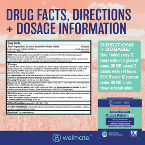 WELMATE Cough & Cold - Maximum Strength Mucus DM, 100 Tablets (Generic Mucinex DM)