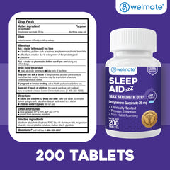 WELMATE Sleep Aid - Doxylamine Succinate 25mg, 200 Tablets (Generic Unisom)