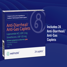 WELMATE Anti-Diarrheal & Anti-Gas - Loperamide 2mg & Simethicone 125mg, 24 Caplets (Generic Immodium Multi Symptom Relief).