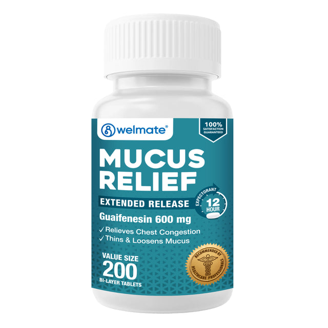 WELMATE Cough & Cold - Guaifenesin 600mg, 200 Tablets (Generic Mucinex)