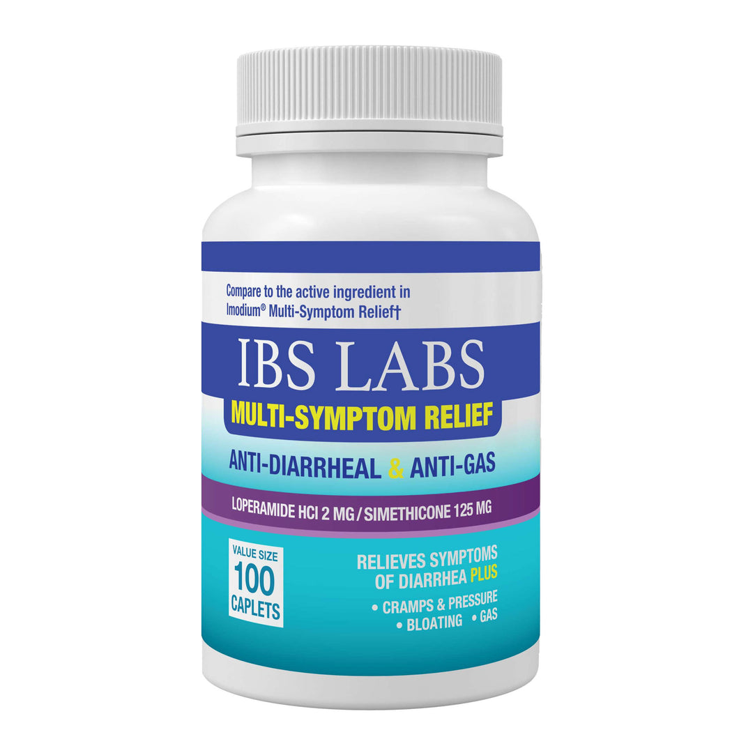 IBS Labs Multi-Symptom Relief Caplets with Loperamide Hydrochloride & Simethicone, Anti-Diarrheal & Anti-Gas Medicine for Diarrhea, Bloating, Cramps & Pressure, 100 ct.