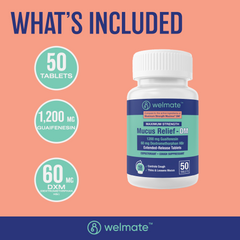 WELMATE Cough & Cold - Maximum Strength Mucus DM, 50 Tablets (Generic Mucinex DM)