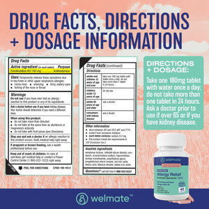 Welmate Allergy Relief | Fexofenadine 180mg 12 Hour | 40 Count Extended-Release Tablets