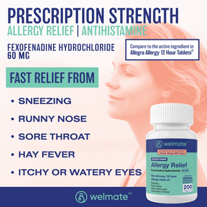 WELMATE Allergy Relief, Fexofenadine 60mg - 200 Tablets (Generic Allegra)