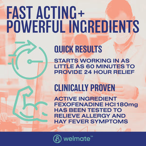 Welmate Allergy Relief | Fexofenadine 180mg 12 Hour | 40 Count Extended-Release Tablets