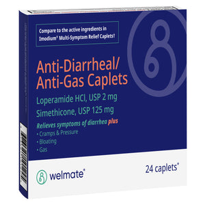 WELMATE Anti-Diarrheal & Anti-Gas - Loperamide 2mg & Simethicone 125mg, 24 Caplets (Generic Immodium Multi Symptom Relief)