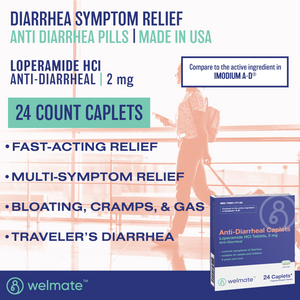 WELMATE Diarrhea Relief, Loperamide  2mg - 24 Caplets (Generic Imodium)