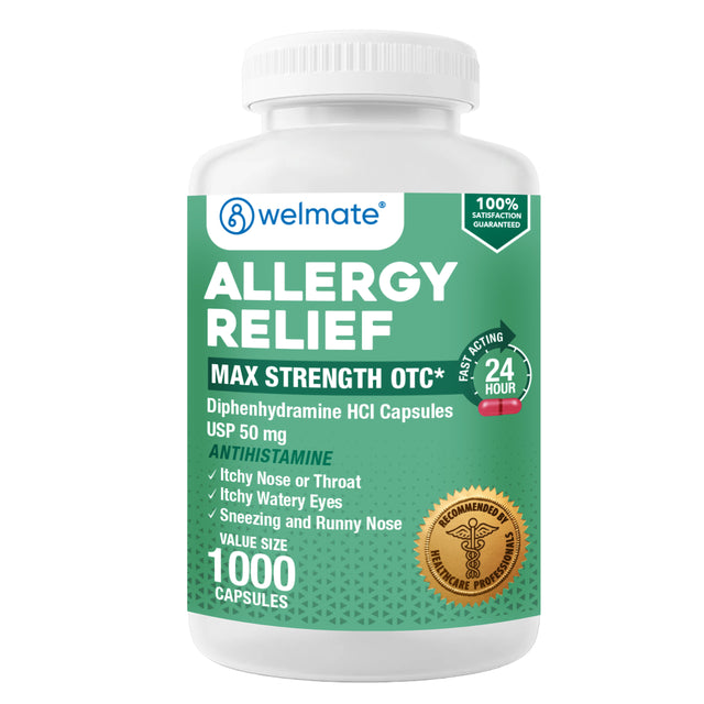 WELMATE Allergy Relief & Sleep Aid - Diphenhydramine 50mg, 1000 Capsules (Generic Benadryl)