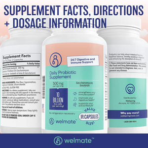 WELMATE Dietary Supplement, Saccharomyces Boulardii 500mg - 200 Count (Generic Florastor)