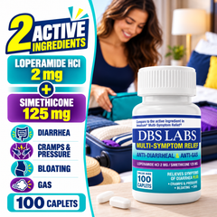 DBS Labs Anti-Diarrheal & Anti-Gas - Loperamide 2mg & Simethicone 125mg, 100 Caplets (Generic Immodium Multi Symptom Relief)