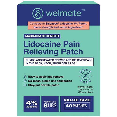 WELMATE | 4% Lidocaine Numbing Patch | Maximum Strength | for Aches, Pains, Back, Neck, Shoulder, Muscle Soreness, & Joint Pain | Arthritis | Topical Analgesic | Unscented Lidocaine Patch | 40 Count