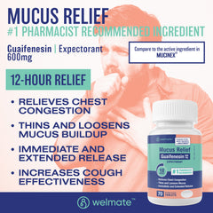 WELMATE Cough & Cold - Guaifenesin 600mg, 70 Tablets (Generic Mucinex)