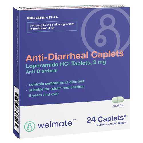 WELMATE Anti-Diarrheal Caplets| Loperamide HCL 2 mg | Diarrhea Symptom Relief | Upset Stomach Reliever | Anti-Gas | Anti Diarrhea Pills | Travel Essentials | Made in USA | 24 Count Blister Pack