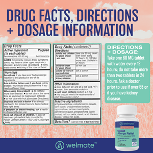 WELMATE Allergy Relief, Fexofenadine 60mg - 200 Tablets (Generic Allegra)