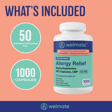 WELMATE Allergy Relief & Sleep Aid - Diphenhydramine 50mg, 1000 Capsules (Generic Benadryl)