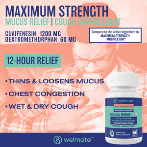 WELMATE Maximum Strength Mucus DM | Expectorant & Cough Suppressant Extended-Release | 50 Count Tablets