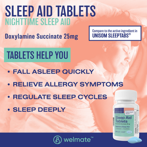 Welmate Sleep Aid |Doxylamine Succinate 25mg | 100 Count Extended-Release Tablets