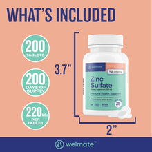 WELMATE Dietary Supplement, Zinc Sulfate 220mg - 200 Tablets