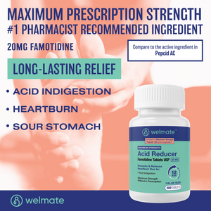 WELMATE - Famotidine Acid Reducer, 20mg - Max Strength - Heartburn Relief - 300 Tablets