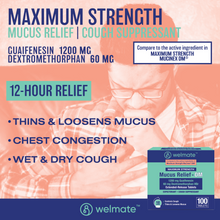 WELMATE Cough & Cold - Maximum Strength Mucus DM, 100 Tablets (Generic Mucinex DM)