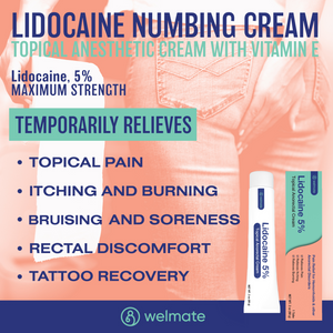 WELMATE 5% Lidocaine Numbing Cream Maximum Strength, Topical Anesthetic, Aches, Back Pain, Itching, Soreness, Burning, & Bruises, Unscented, Child Resistant Packaging 2 Oz (60 g)